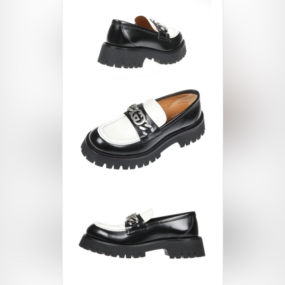 Gucci Ladies Platform Slip On Lug Loafer 'Interlocking G chain- Black & White - Picture 8 of 10